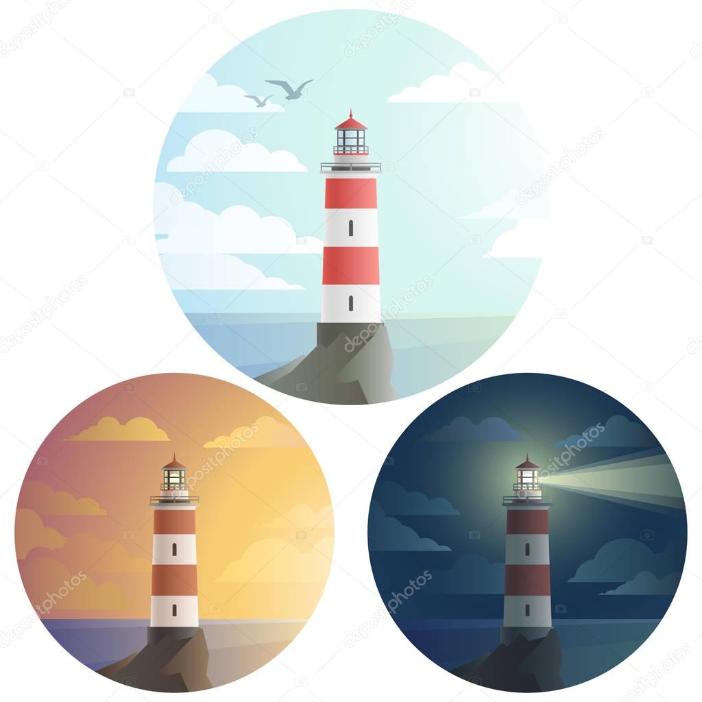 Set of tall lighthouses icons