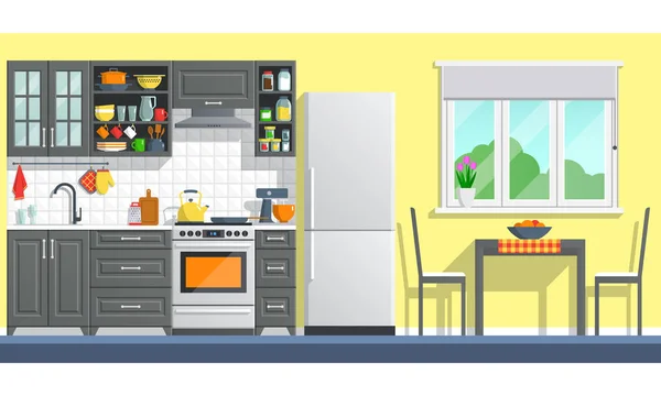 Muebles de cocina con electrodomésticos — Vector de stock