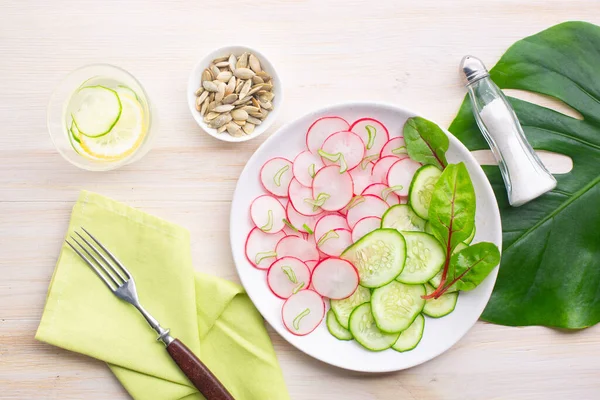 Salatalıklı hafif turp salatası ve büyük bir canavar yaprağının arka planında salatalıklı ve limonlu detoks suyu. Sağlıklı beslenme, keto diyeti. Üst görünüm