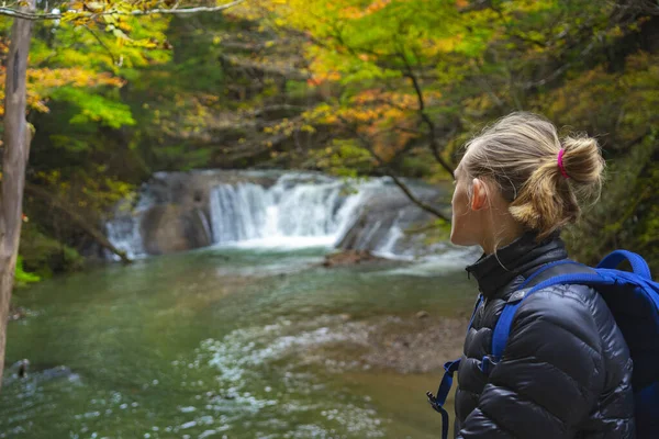 landscapes of japan, tourist places, garden, park, waterfall, girl