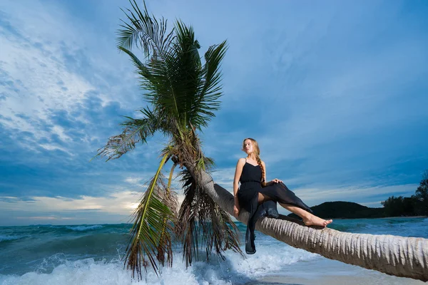 Frau im schwarzen Kleid sitzt auf der Palme — Stockfoto