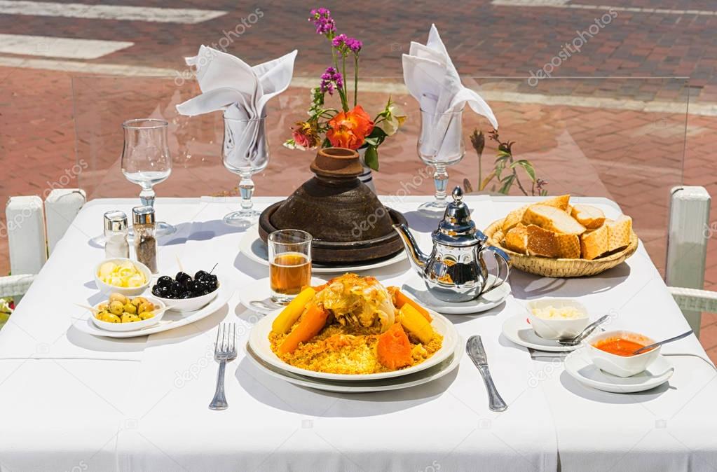 Table in restaurant with moroccan food