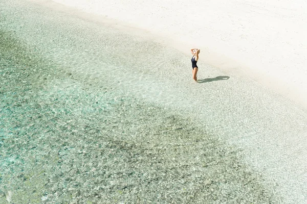 Woman Black Swimwear Tanning Beautiful Beach Aerial Shot — Stock Photo, Image