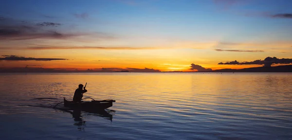 Fisherman Small Boat Sea Sunset Banner — Stock Photo, Image