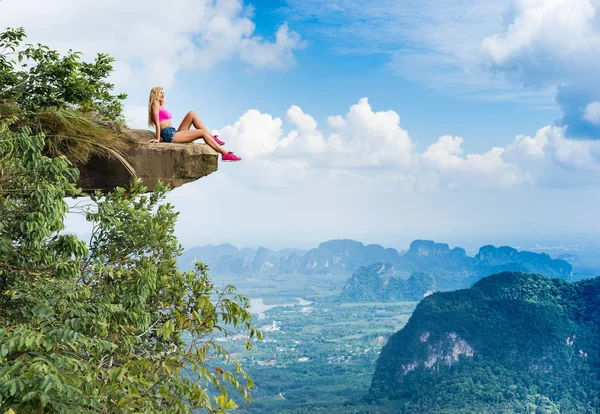 Happy Young Girl Sitting Top Mountain Breathtaking View Landscape Valley — Stock Photo, Image