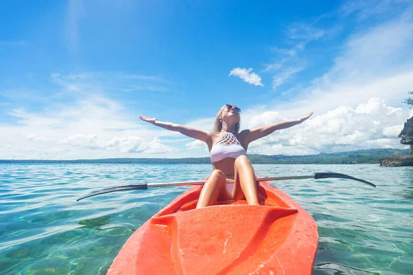Happy Woman Kayak Raised Hands — Stock Photo, Image