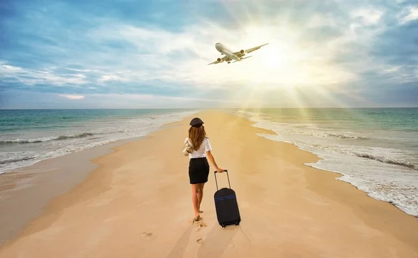 Travel Concept Young Woman Office Clothes Walking Beach Suitcase Hat — Stock Photo, Image