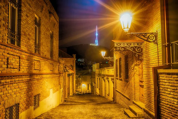 Night View Street Historic District Tbilisi Old Town Mtatsminda Mountain — Stock Photo, Image