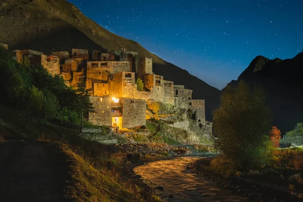 Famous Landmark Hevsureti Georgia Ruins Medieval Village Castle Shatili Nihgt — Stock Photo, Image