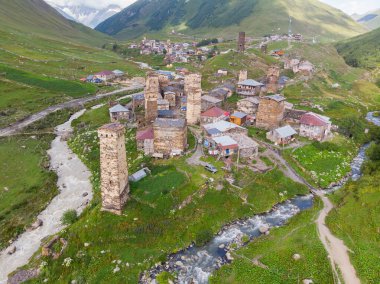 Aerial view of Chazhashi and Ushguli villages with typical tower houses. UNESCO world heritage in Upper Svaneti, Georgia. clipart