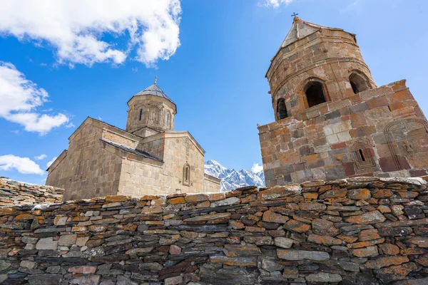 Gergeti Treenighetskirke Tsminda Sameba Nær Mount Kazbek Landemerke Georgia Kaukasus – stockfoto