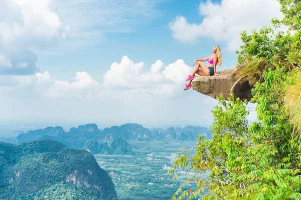 Woman Sitting Top Mountain Breathtaking View Landscape Valley Rocks — Stock Photo, Image