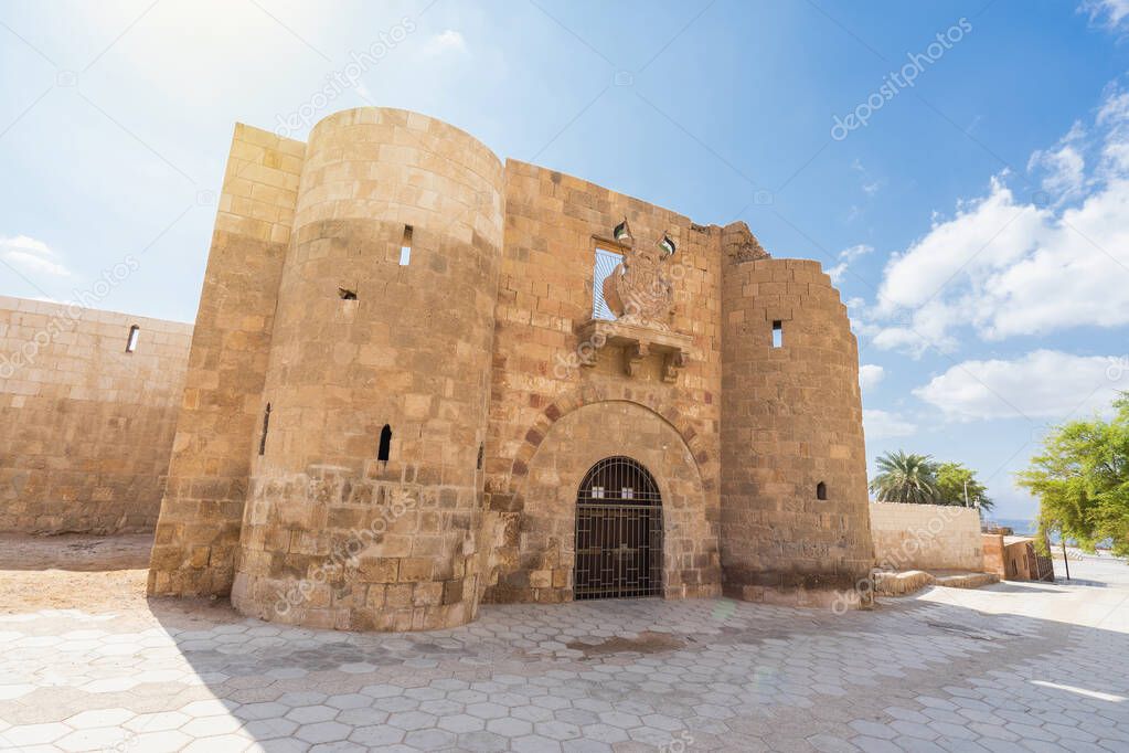 Main entrance gate of Aqaba Fortress, Mamluk Castle located in Aqaba city, Jordan