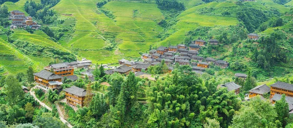 Terrasses Riz Maisons Campagne Village Dazhai Longji Chine Édition Bannière — Photo