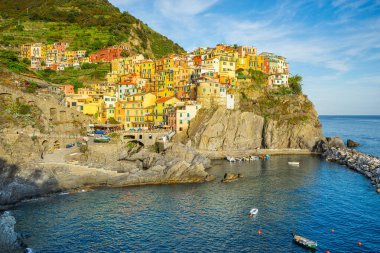 Manarola, İtalya - Spezia şehrinin yakınlarındaki Ligury, İtalya 'daki Cinque Terre Ulusal Parkı' nda ikonik bir kent..