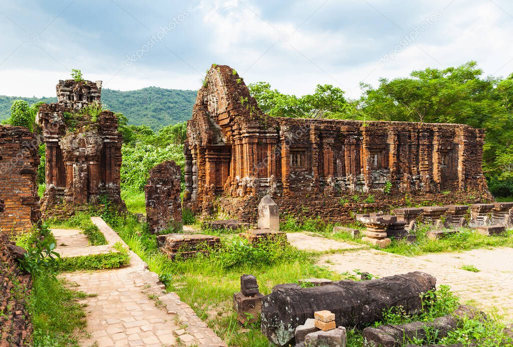 Remains of Hindu tower-temples at My Son Sanctuary, a UNESCO World Heritage site in Vietnam.