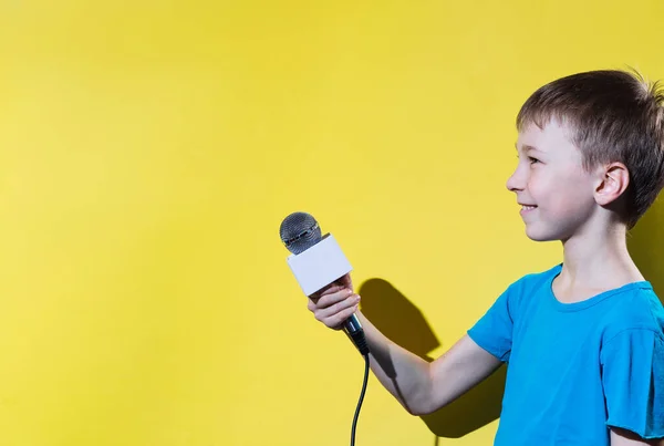Маленький Щасливий Журналіст Мікрофоном Ізольований Жовтому Тлі — стокове фото