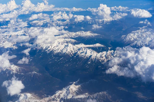 Aerial View Snowy Alps Mountains Clouds — Stock Photo, Image