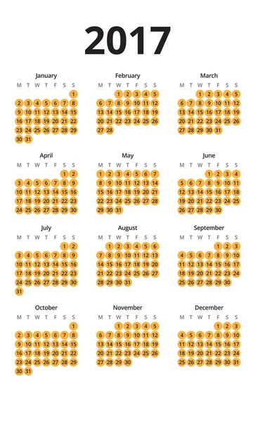 Calendar for 2017 Year with circles under each day for highlight the desired date — Stock Vector