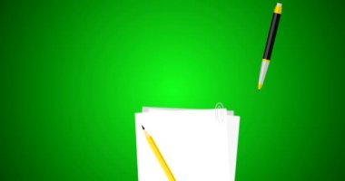 Yasal belge ve anlaşma sembolü beyaz kağıt düz vektör 4 k animasyon yeşil damgası ile kalem ile sınavı geçti
