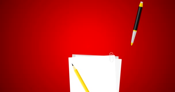 Examen passé avec stylo sur document juridique et symbole d'accord avec timbre sur papier blanc Animation 4k plat vectorielle en rouge  