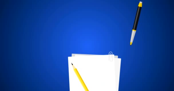 Prüfung mit Stift auf juristischem Dokument und Vertragssymbol mit Stempel auf weißem Papier flacher Vektor 4k Animation in blau bestanden — Stockvideo