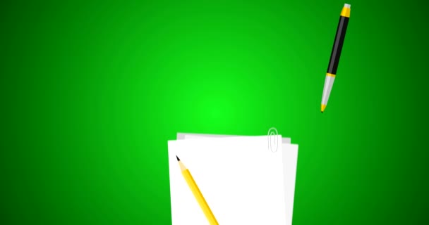 Examen passé avec stylo sur document juridique et symbole d'accord avec timbre sur papier blanc Animation vectorielle plate 4k en vert — Video