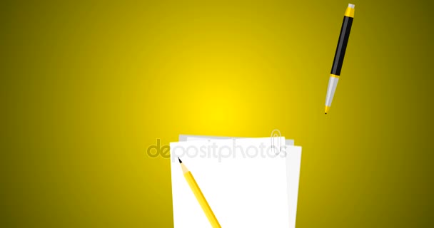Prüfung mit Stift auf juristischem Dokument und Vertragssymbol mit Stempel auf weißem Papier flacher Vektor 4k Animation in gelb bestanden — Stockvideo