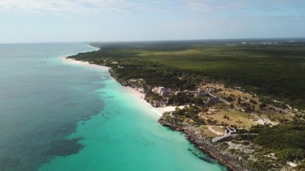 Ερείπια Του Tulum Μεξικό Θέα Την Καραϊβική Θάλασσα Στην Riviera — Αρχείο Βίντεο