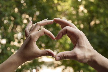 Parktaki yeşil ağaçta kalp yapan genç bir adam ve kadının elleri