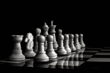          Satranç masasında satranç taşları. siyah beyaz fotoğraf                      