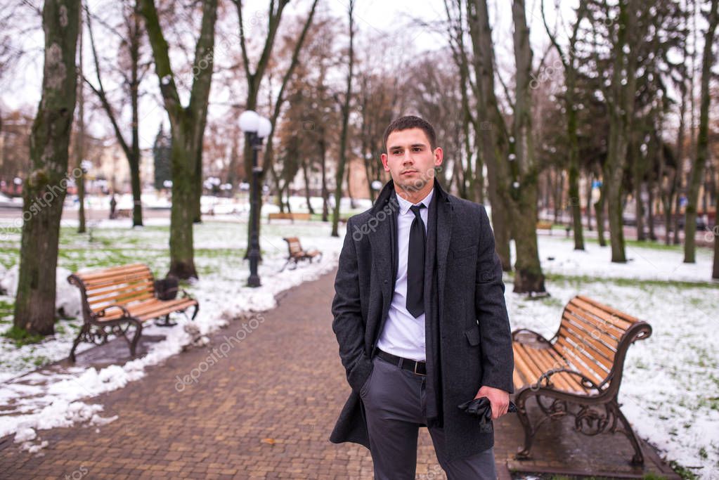 Portrait of a young businessman in a winter park
