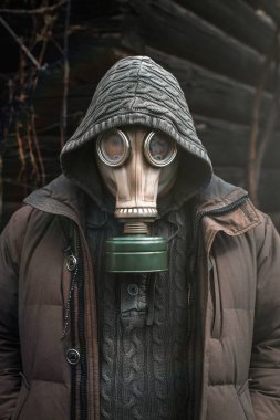Gaz maskeli bir adamın portresi. Karantina sırasında panik. Coronavirus pandemia konsepti. Gaz maskeli sapık, Çernobil Yasak Bölge
