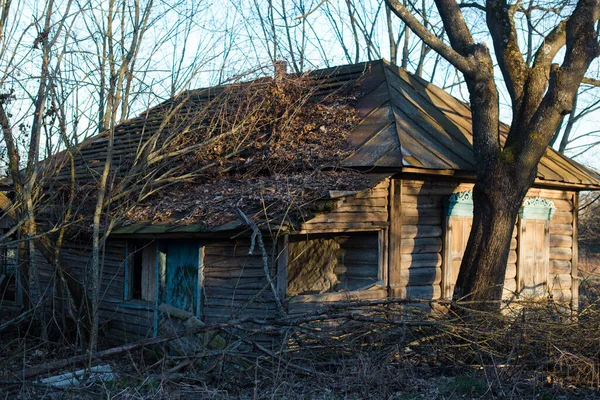 Casa Madeira Abandonada Uma Aldeia Morta Zona Exclusão Chernobyl — Fotografia de Stock