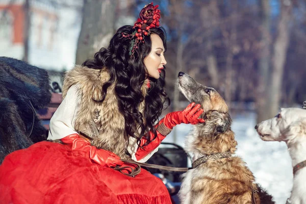 Девушка в меховом жилете и красном платье гуляет с собакой — стоковое фото