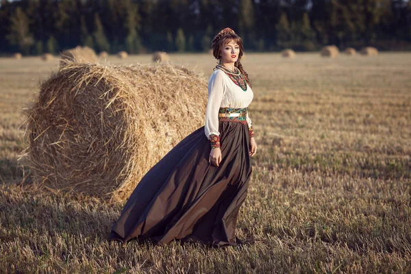 Κορίτσι σε ένα πεδίο σε ένα ρωσικό φόρεμα — Φωτογραφία Αρχείου