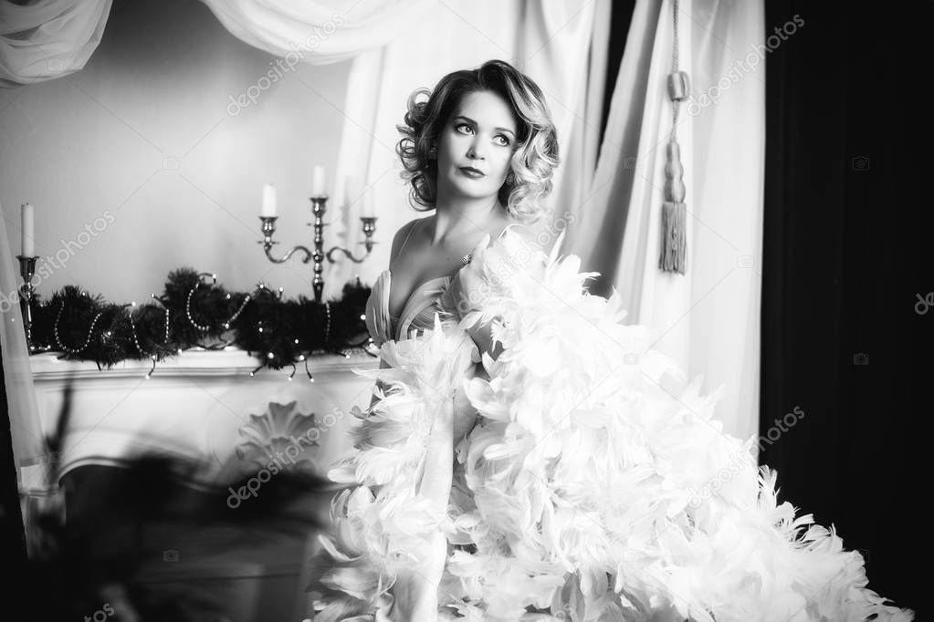 woman in white feather boa
