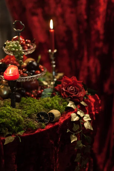 Naturaleza muerta oscura en tonos rojos con velas, musgo y rosas —  Fotos de Stock