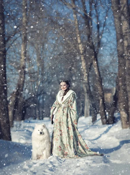 Fairy meisje met een witte hond — Stockfoto