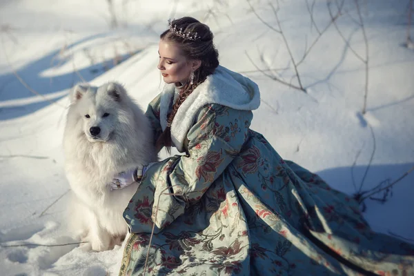 Fada menina com um cão branco — Fotografia de Stock