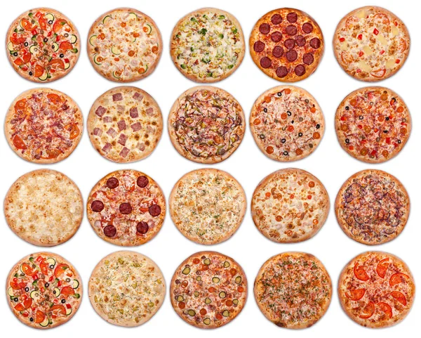 Beyaz bir arka plan üzerinde 20 pizza. Yukarıdan görüntülemek