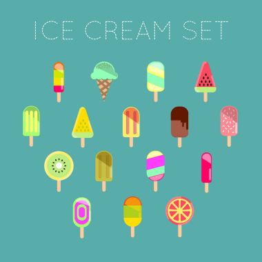 Mavi izole 16 vektör dondurma çizimler topluluğu.