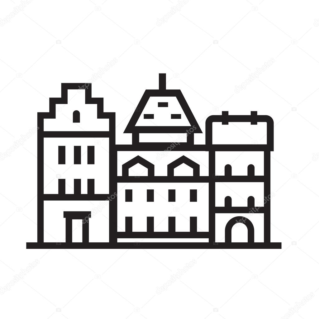 Europe street and house emblem. British or german townhouse emblem. Historic town houses logo. Downtown street outline design.