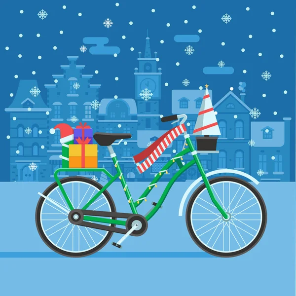 Зимний велосипед с рождественскими подарками — стоковый вектор