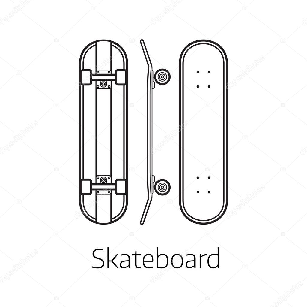 Skateboard deck vector illustration. Alternative city transport skate board in thin line design. Personal transportation self-balancing device. Skating desk from different sides.