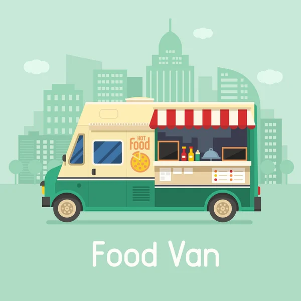 Retro Food Van en el fondo de la ciudad — Vector de stock