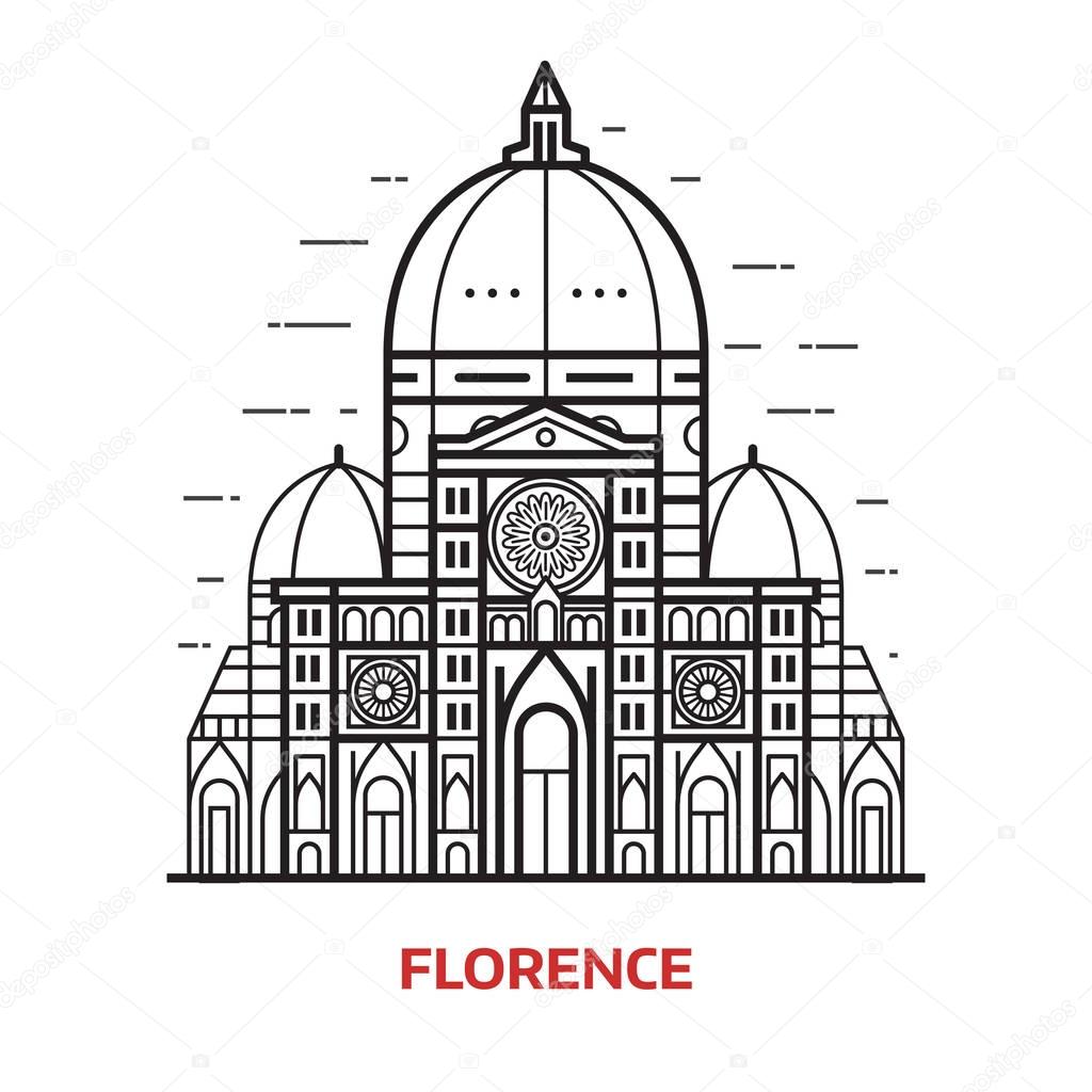 Travel Florence landmark icon. Santa Maria del Fiore is one of famous tourist attractions in capital city of Tuscany region, Italy. Domed Cathedral Duomo vector illustration in thin line design.