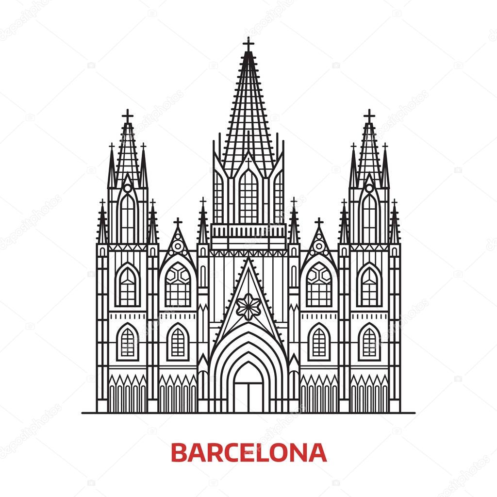 Travel Barcelona landmark icon. Gothic cathedral is one of the famous tourist attractions in capital of Catalonia, Spain. Thin line catholic church vector illustration in outline design.