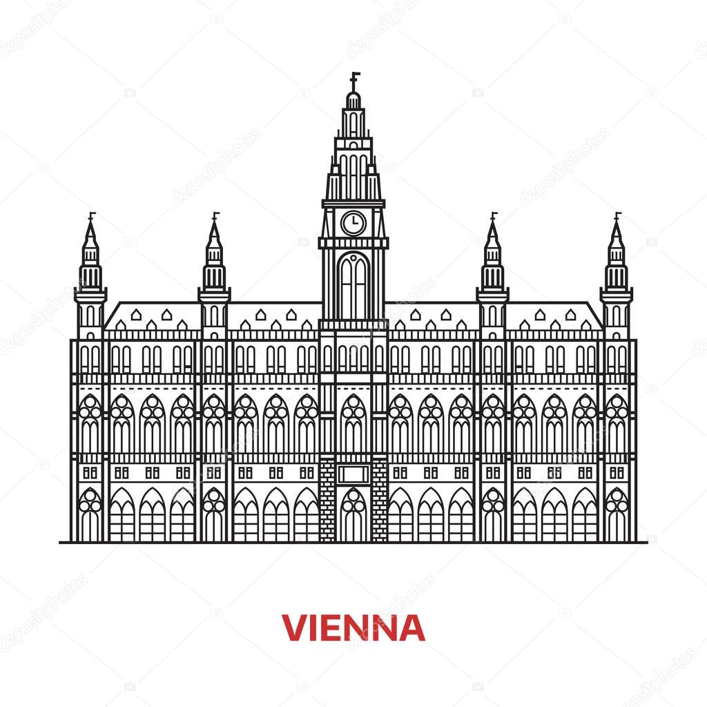 Travel Vienna landmark icon. Gothic City Hall is one of the famous architectural tourist attractions in capital of Austria. Thin line catholic clock tower vector illustration in outline design.