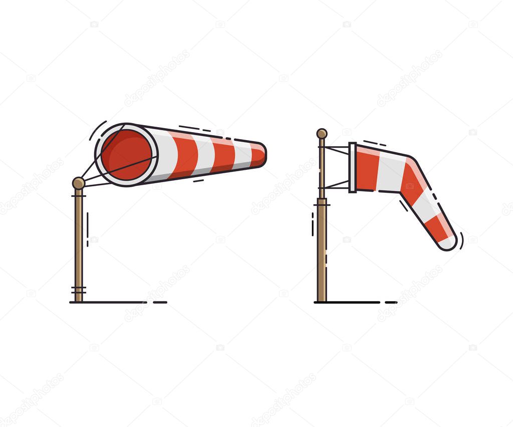 Airport windsock showing no wind and windy weather. Red striped wind bag vector illustration. Meteorological weathercock isolated on white background.